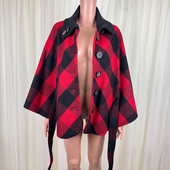 NWOT FUDA Plaid Wool Cape Poncho Shawl Coat Red Black Buffalo Size Large Y2K - Picture 3 of 12